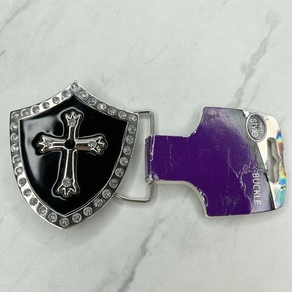 Rhinestone Cross Shield Black Silver Belt Buckle Western Gothic Statement ✨ - Picture 1 of 12